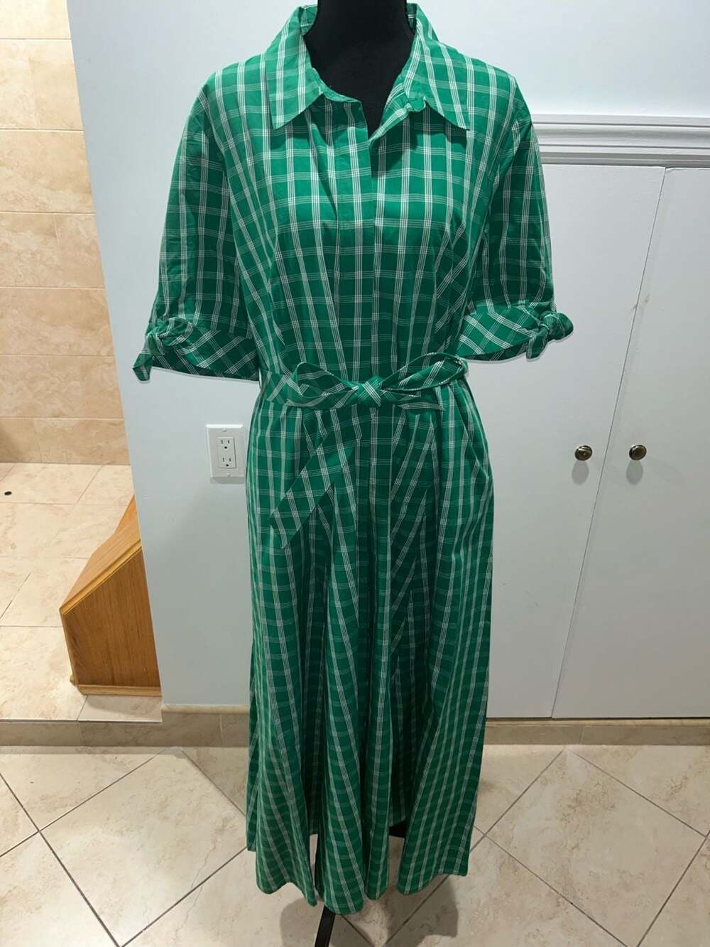 Calvin Klein Plaid Shirt Dress Size 14 Green White Midi Belted